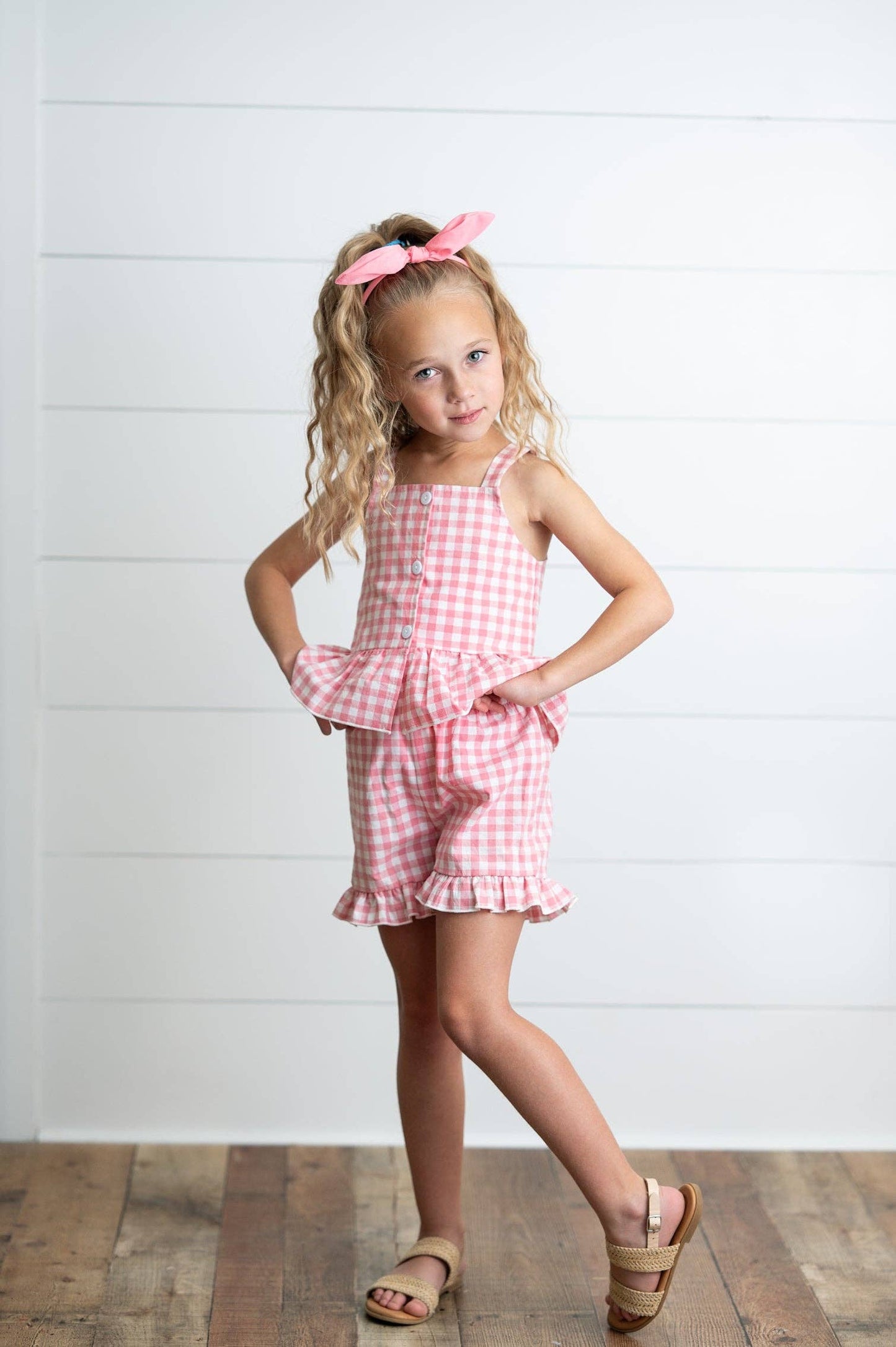Kids Pink Check Gingham Ruffle Button Spring Short Set