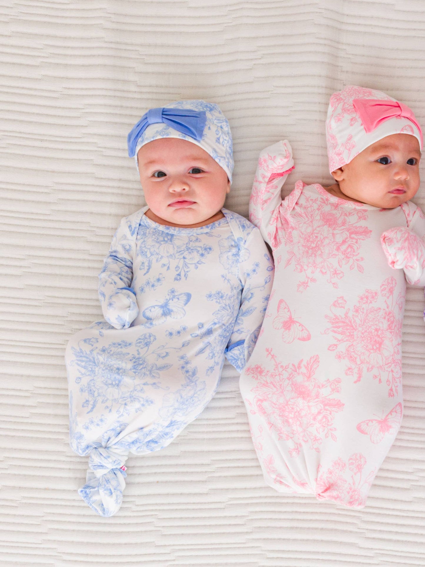 Baby Girls Periwinkle Blue Butterfly Garden Toile Bamboo Viscose Ruffle Knotted Sleep Gown & Hat Set