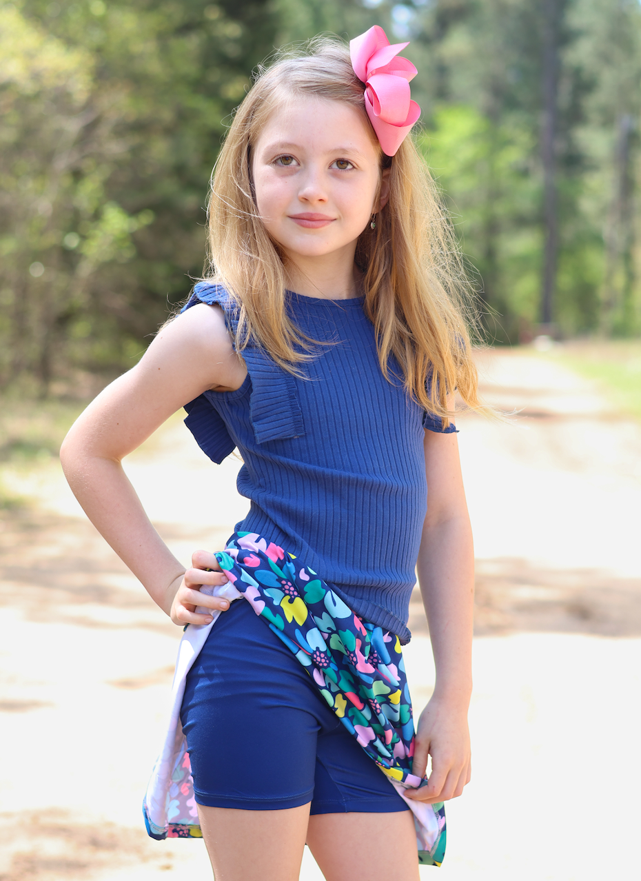 Girls Navy Ribbed Sleeveless Top & Block Floral Skort
