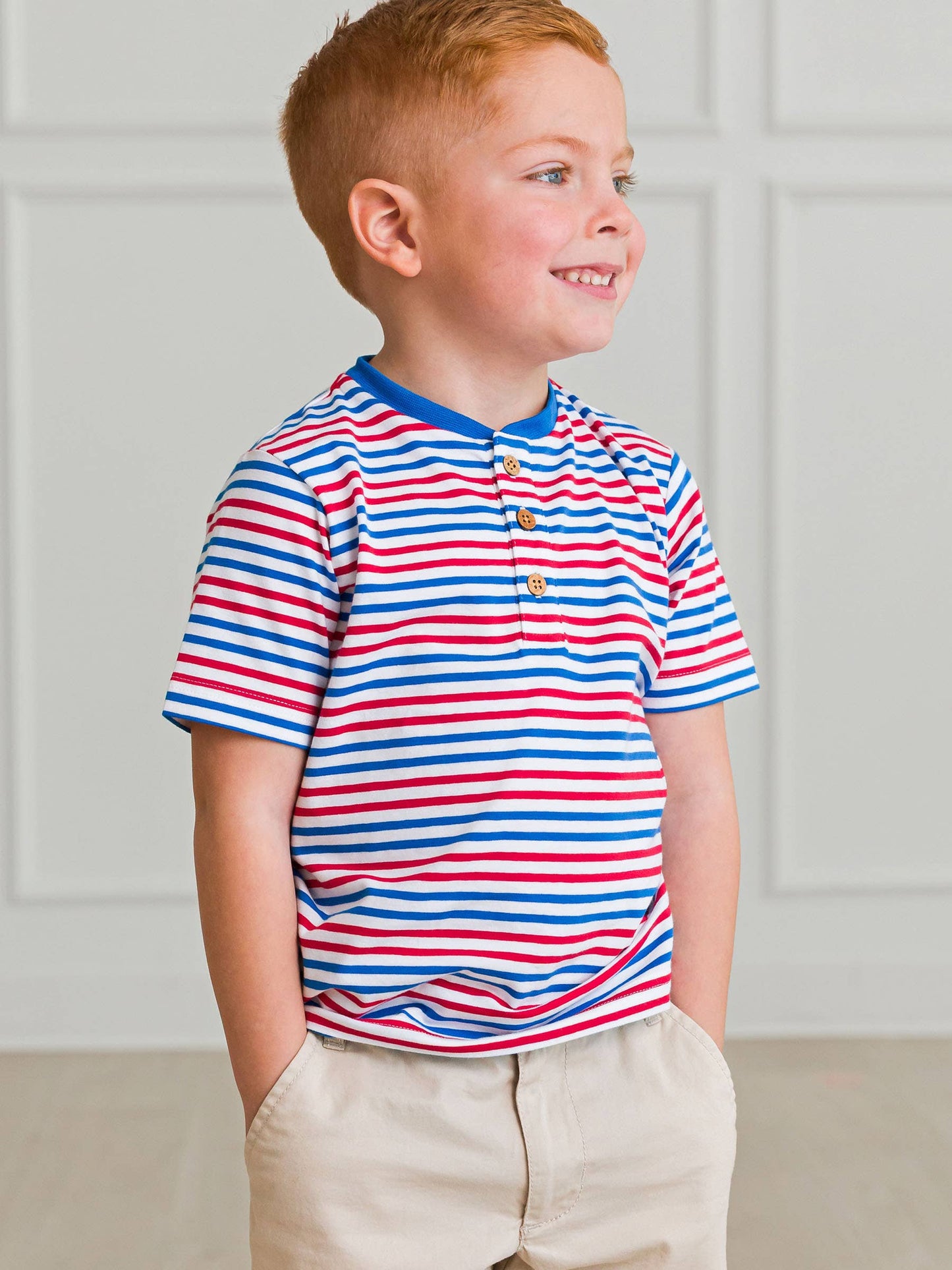 Boys Red White & Blue Stripe Short Sleeve Henley