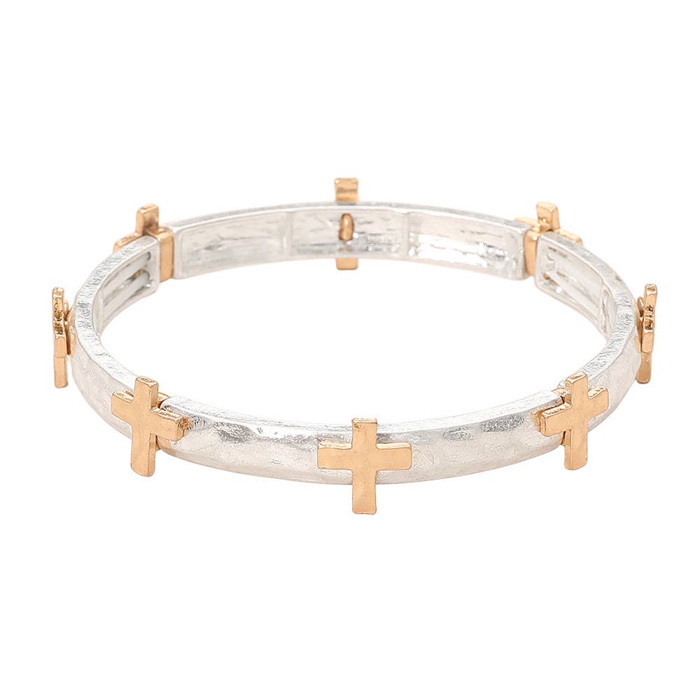 Hammered Brushed Metal Cross Accent Stretch Bracelet