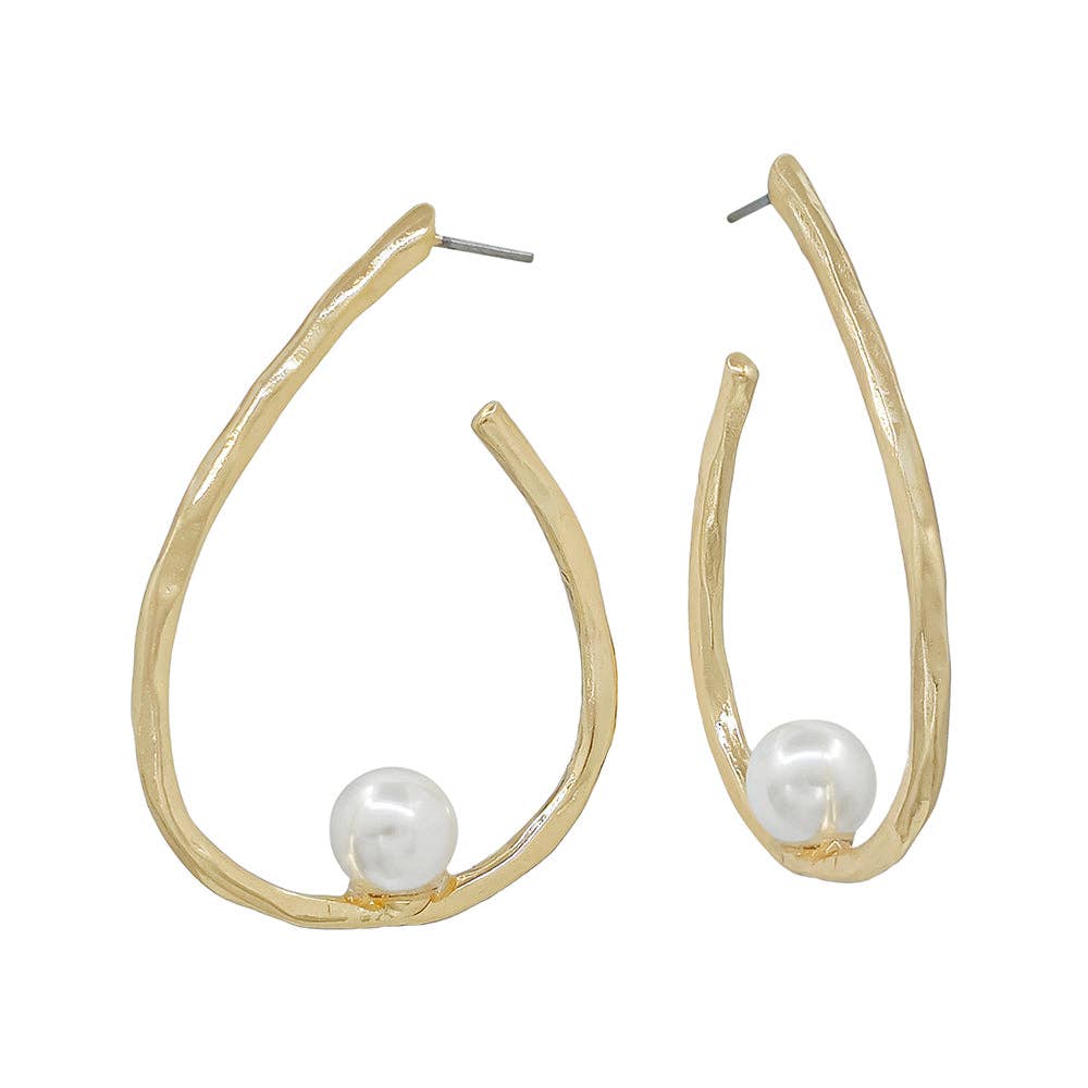 Gold Hammered Teardrop with Pearl 1.8" Hoop Earring