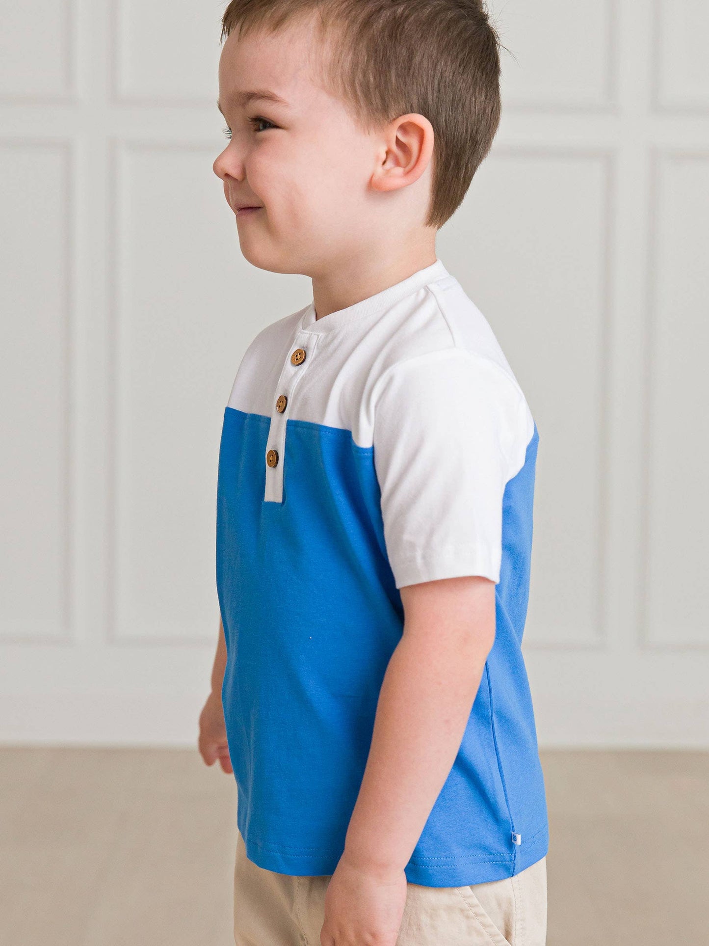 Boys White & Blue Color Block Short Sleeve Henley