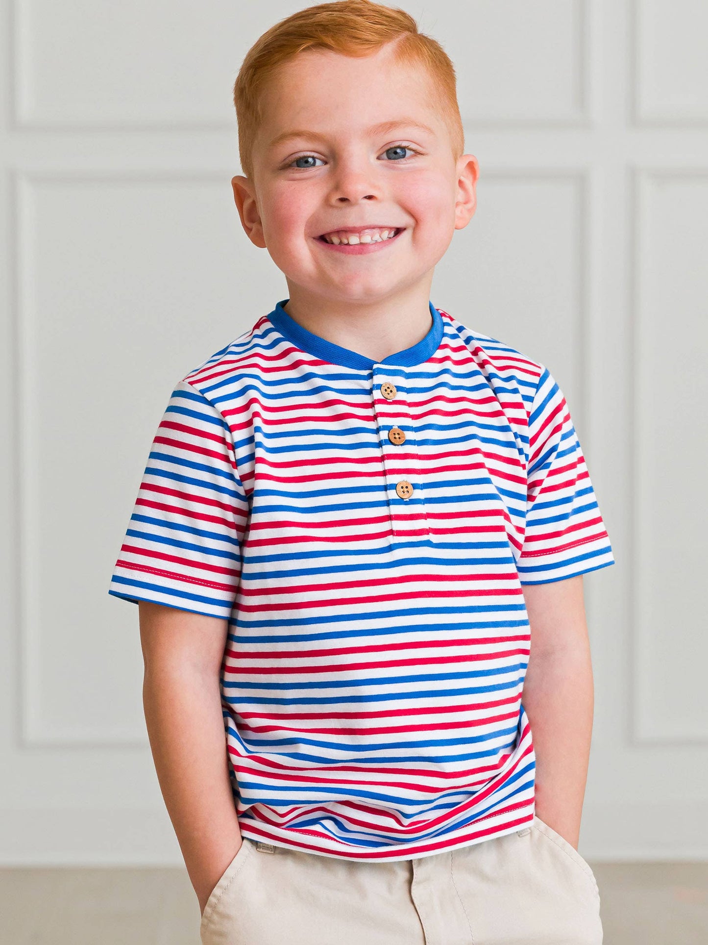Boys Red White & Blue Stripe Short Sleeve Henley
