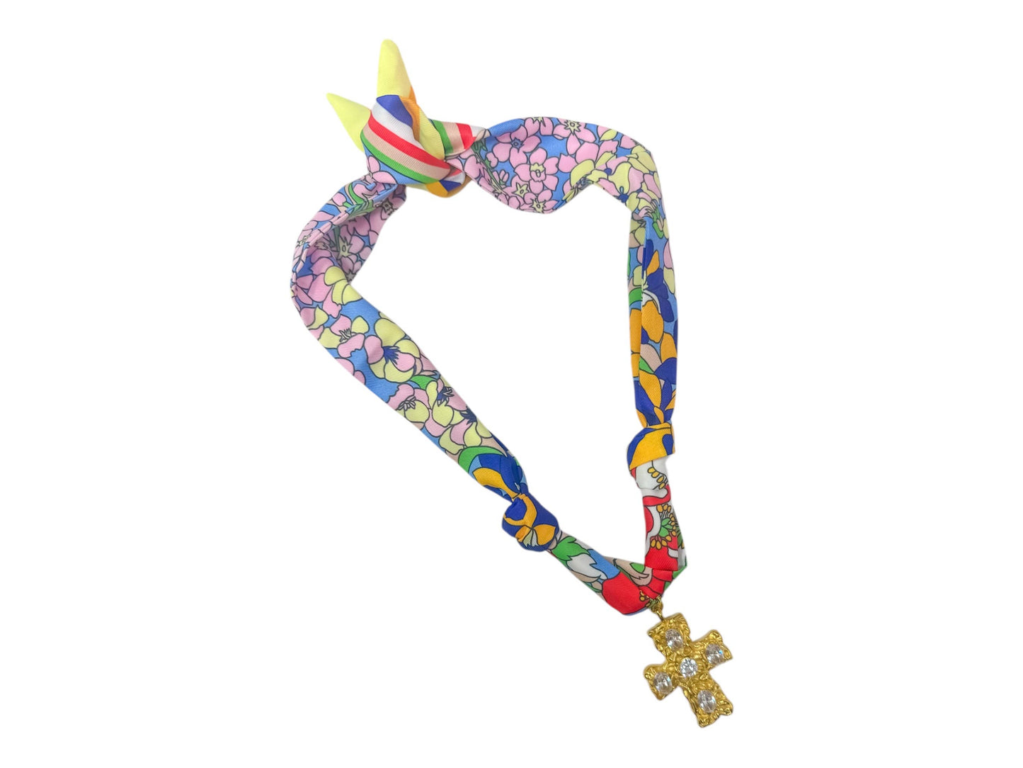 Scarf Charm Necklace - Blue Floral w/ Large Rhinestone Cross