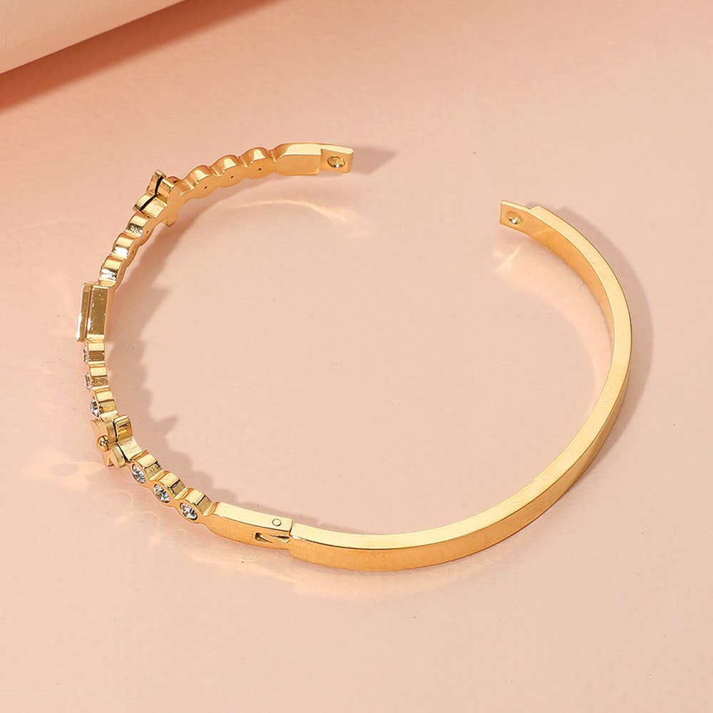 Stainless Steel Triple Clover Bezel Hinged Bangel Bracelet