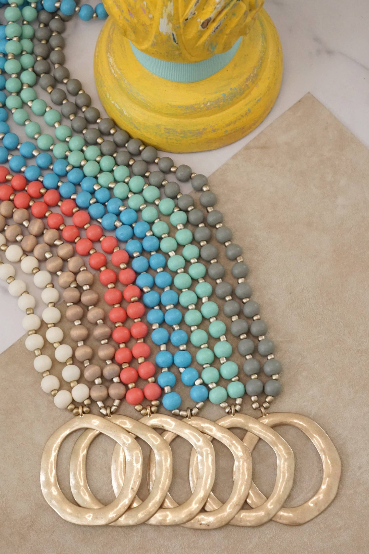 Long Wooden Bead Necklace with gold circle - Cream
