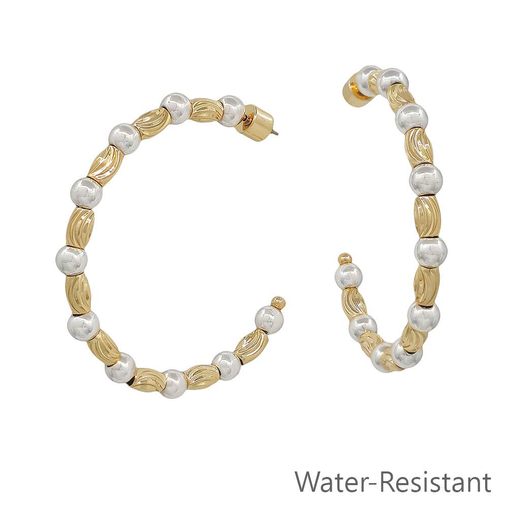Gold and Silver Textured Oval and Beaded 2" Hoop Earring