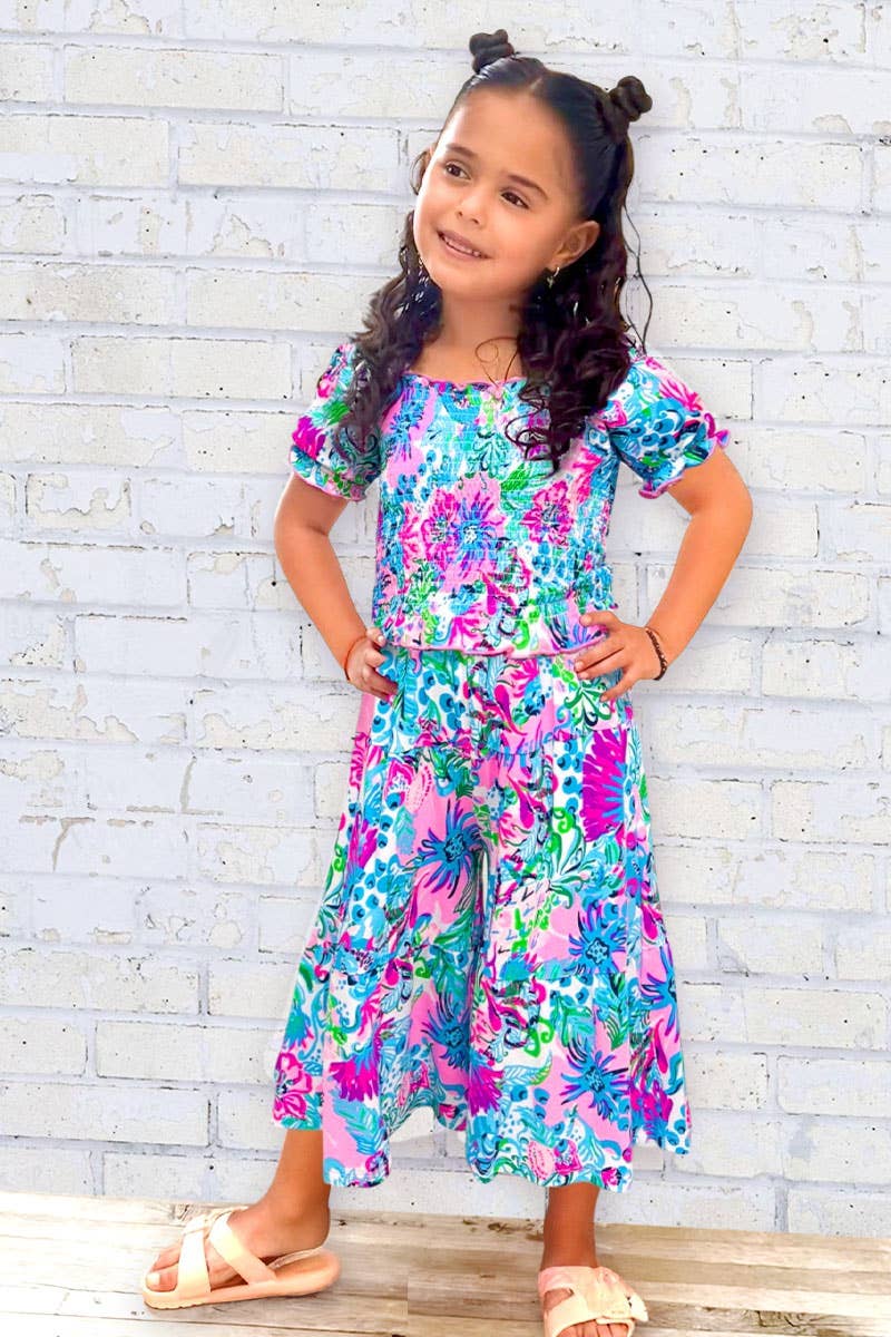 GKSS-3173B-Q56 Girl's 2 pcs Flare Pant Set w/ Smocking Top