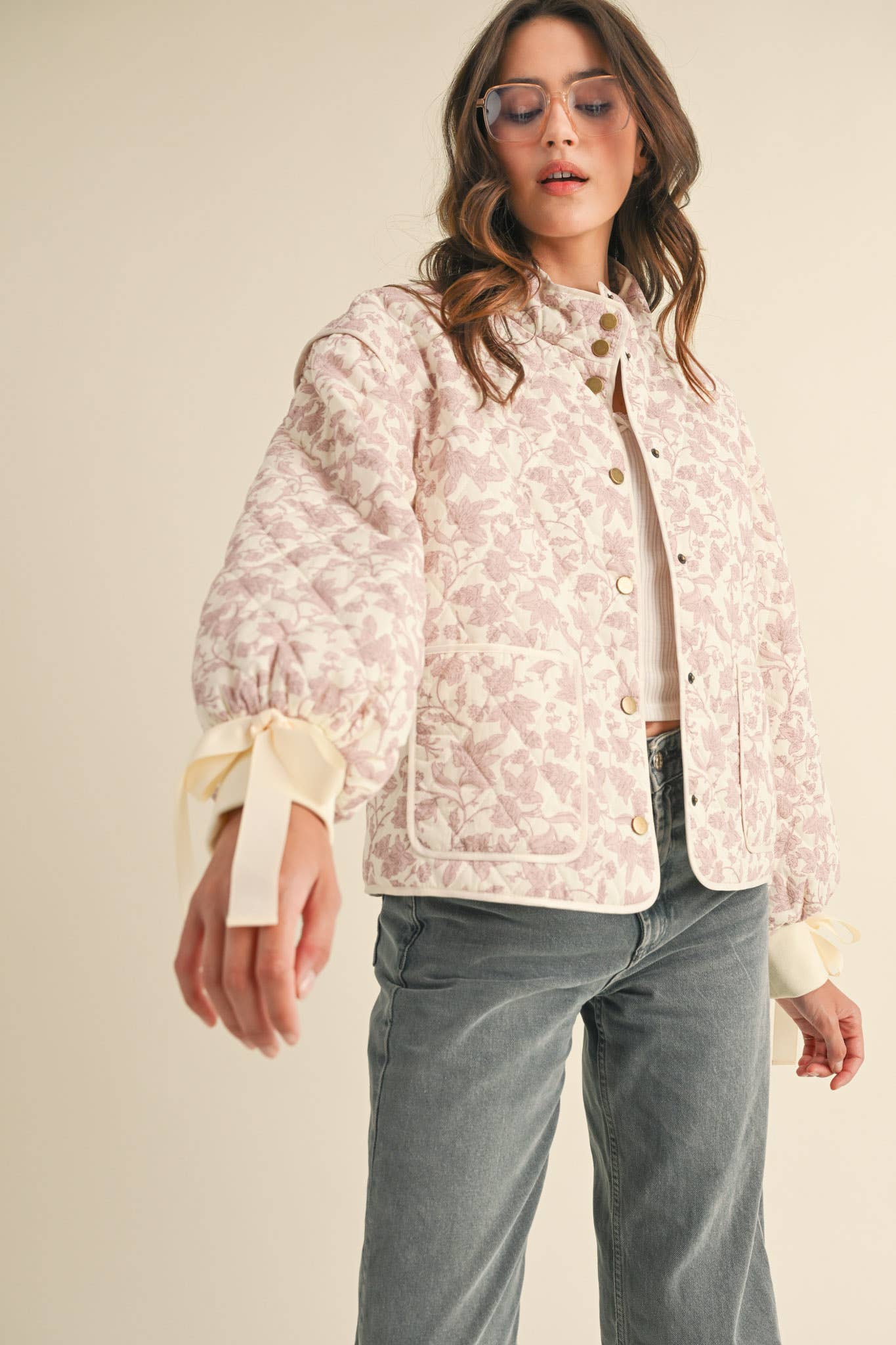 FLORAL QUILTED JACKET WITH RIBBON DETAIL MJK3622