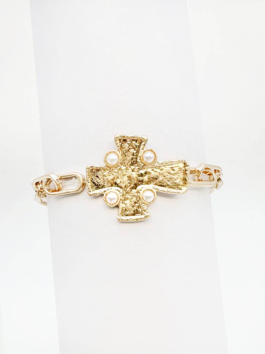 Gold Stretch Chain with Hammered Cross and Pearl Bracelets
