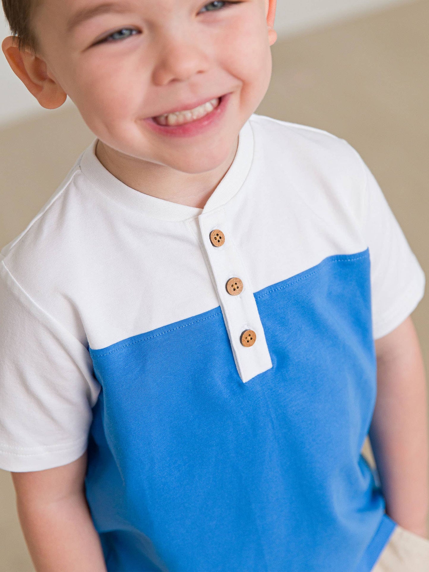 Boys White & Blue Color Block Short Sleeve Henley