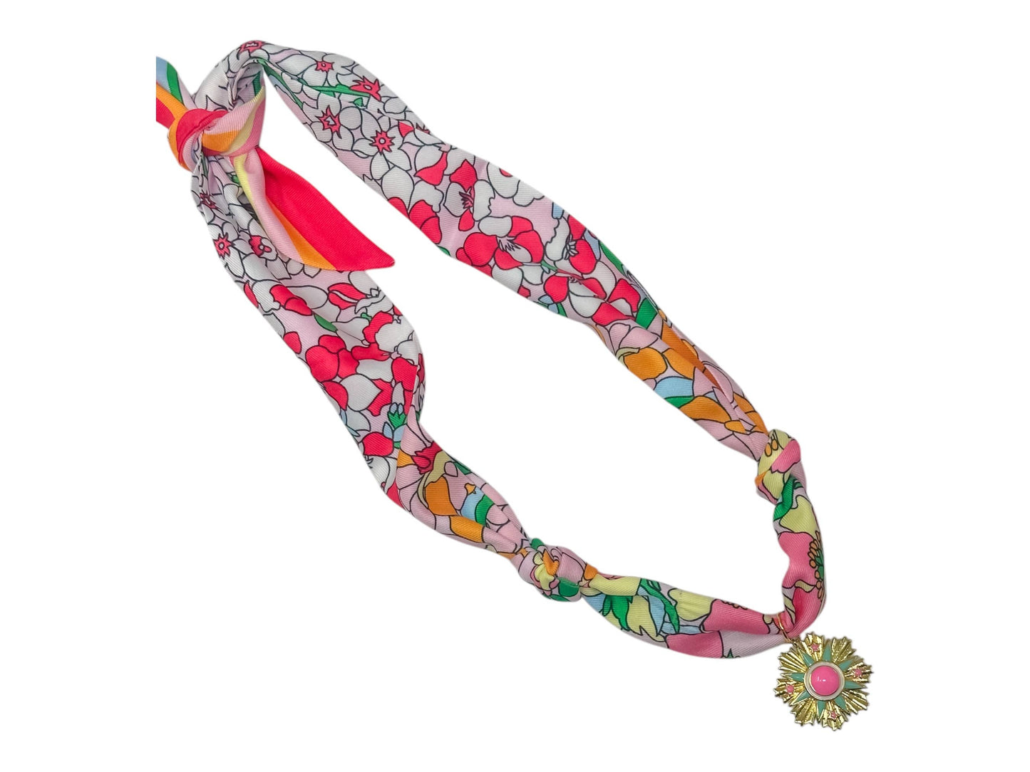 Scarf Charm Necklace - Pink Multi Floral w Pink/Turq Burst