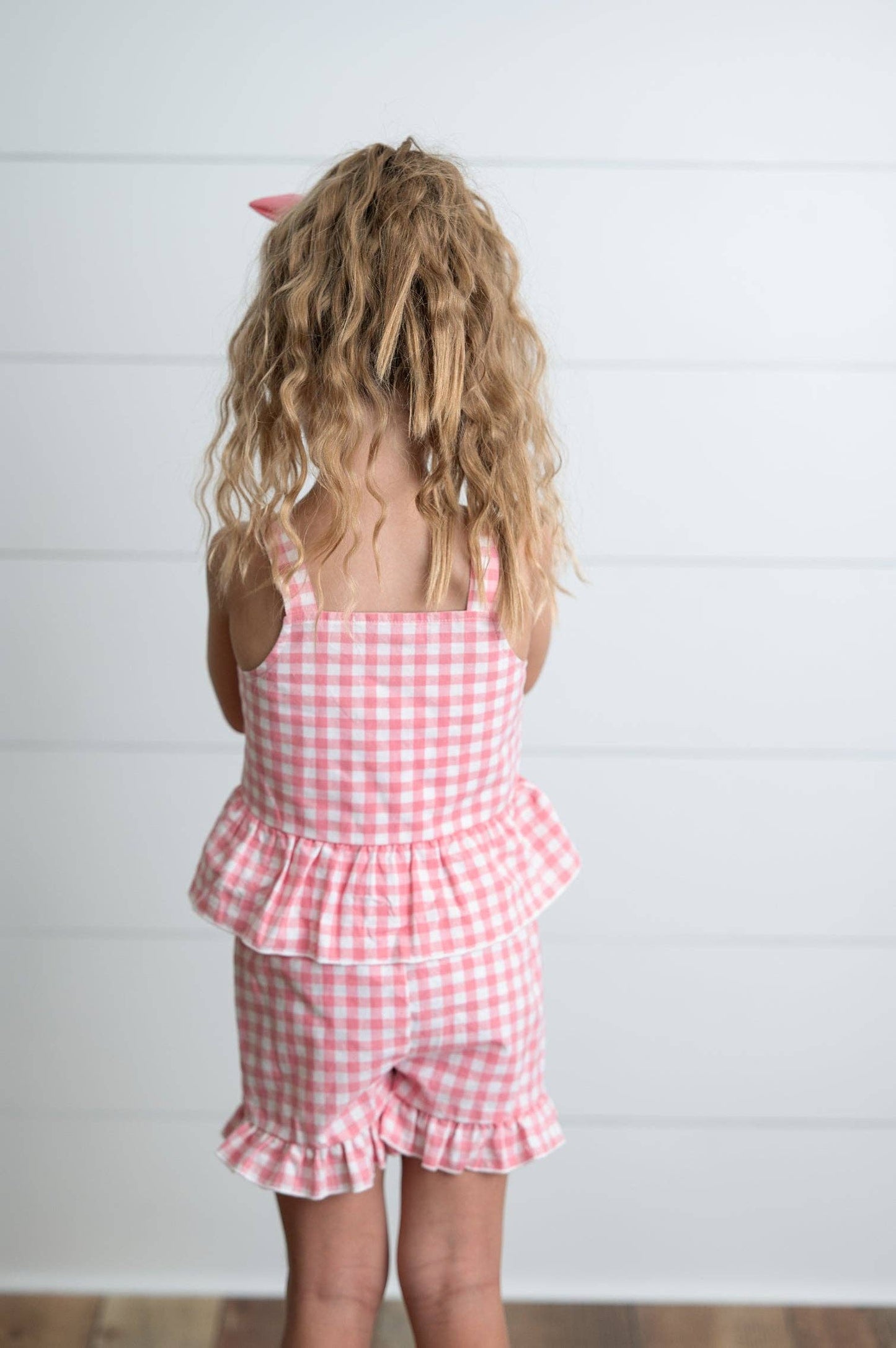 Kids Pink Check Gingham Ruffle Button Spring Short Set