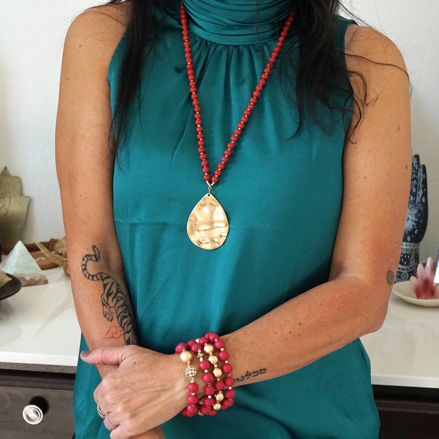 Long Wood Bead Necklace with gold circle olive green