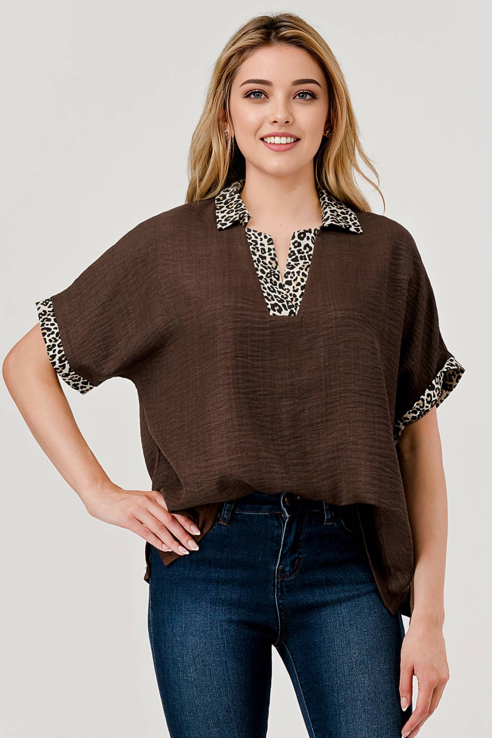 Danni Short Sleeve Leopard Print Color Block Top Coffee 9923