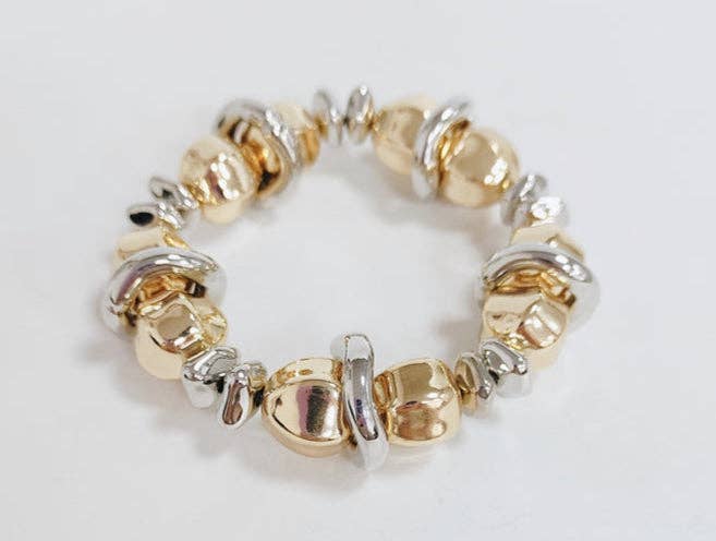 Gold and Silver Beaded Stretch Bracelet