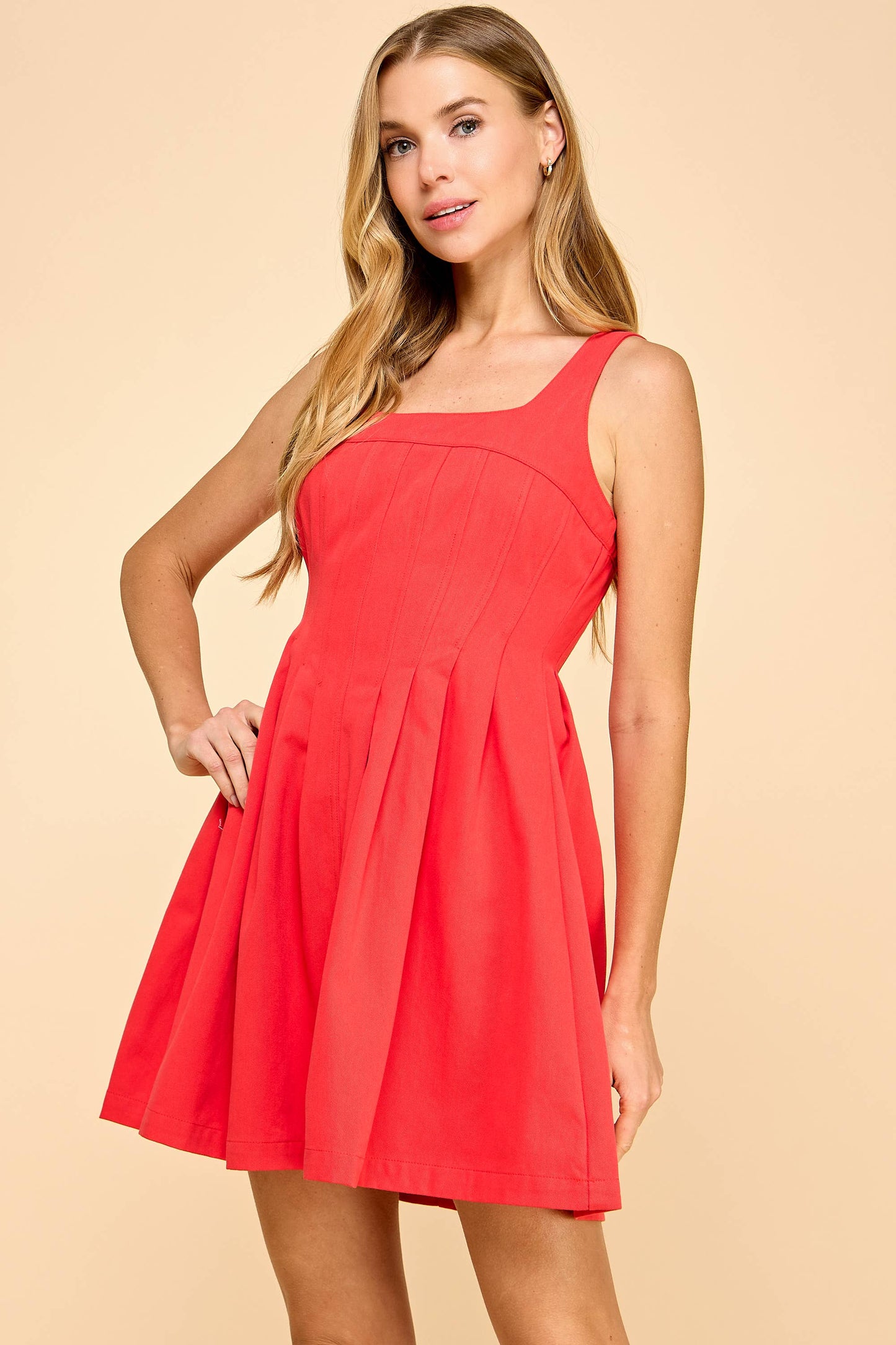 CD05719-Fit and Flare Pleated Detail Sleeveless Dress