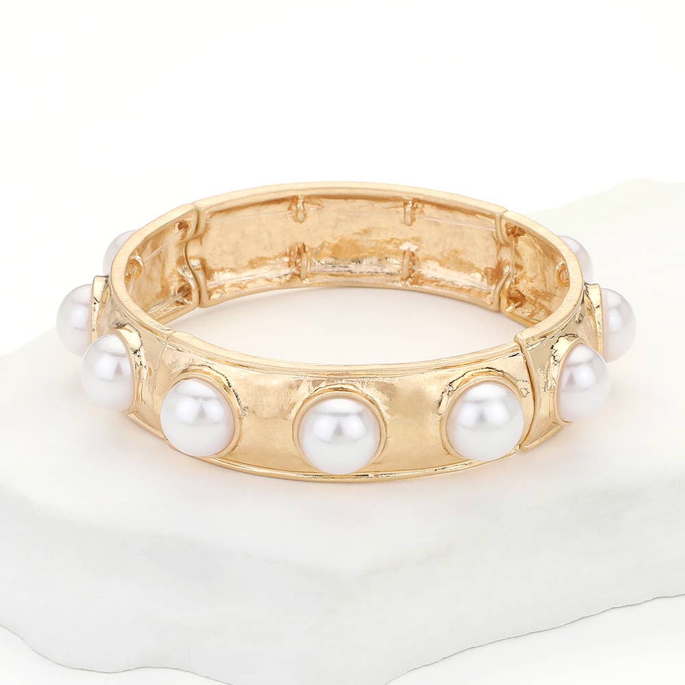 Bead Pearl Embellished Hammered Metal Stretch Bracelet