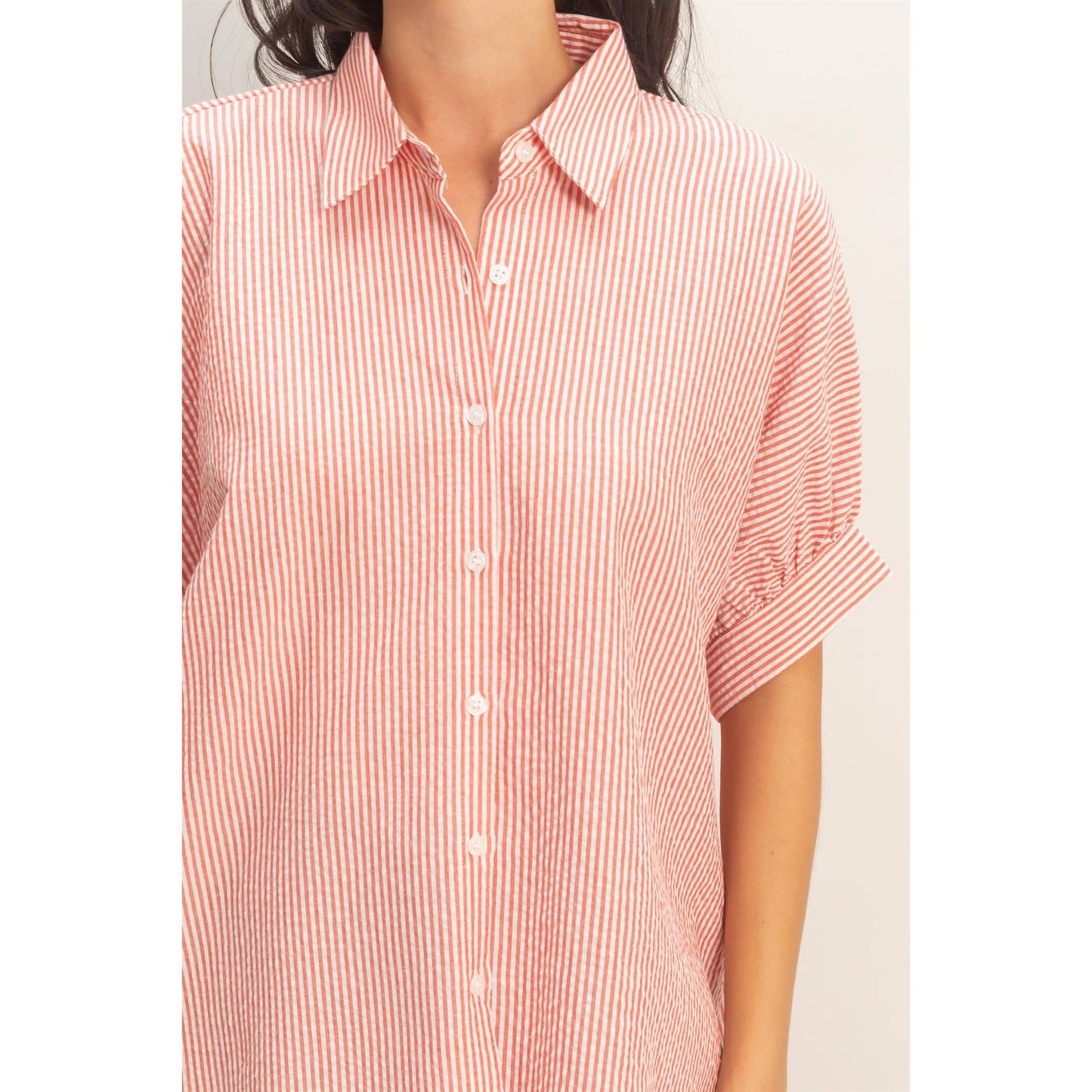 Striped Short Sleeve Button-Front Blouse
