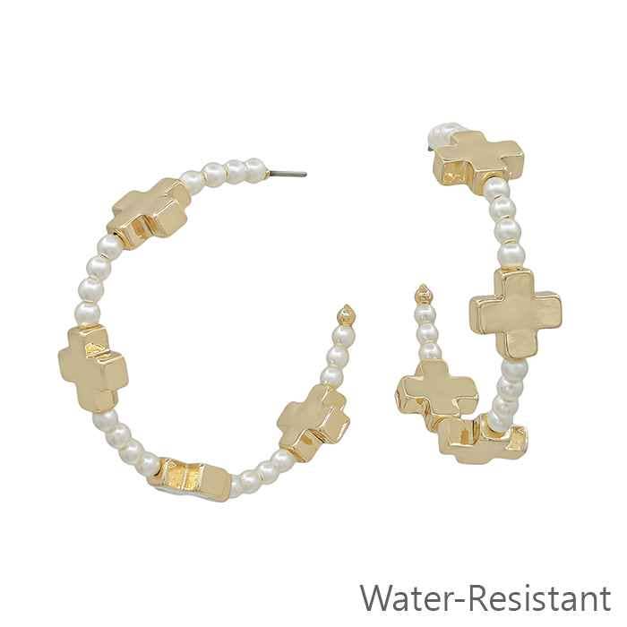 Water Resistant Pearl with Gold Cross 1.75" Hoop Earring
