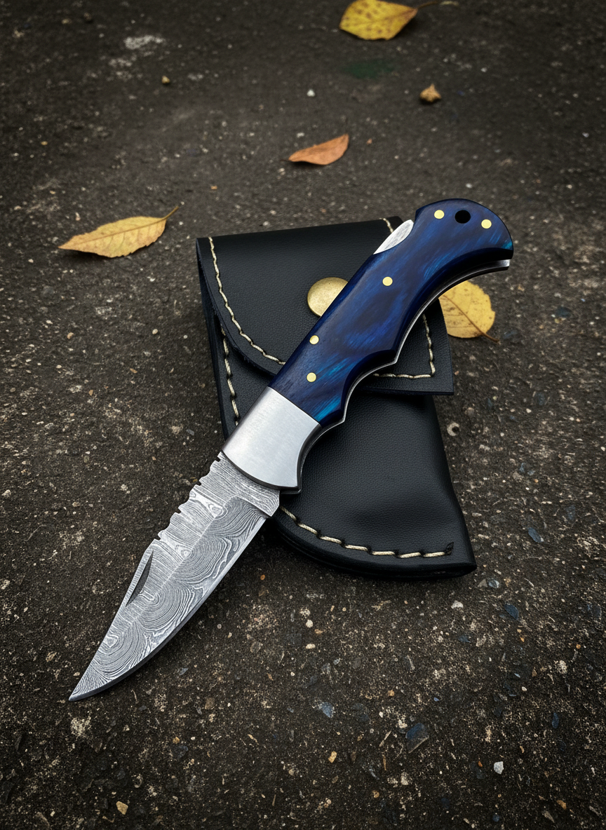 Handcrafted Damascus Steel Folding Pocket Knife with Blue