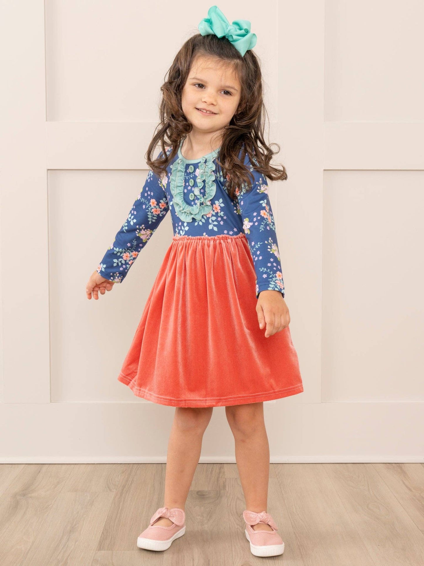 Rose Velvet & Blue Floral Ruffle Dress