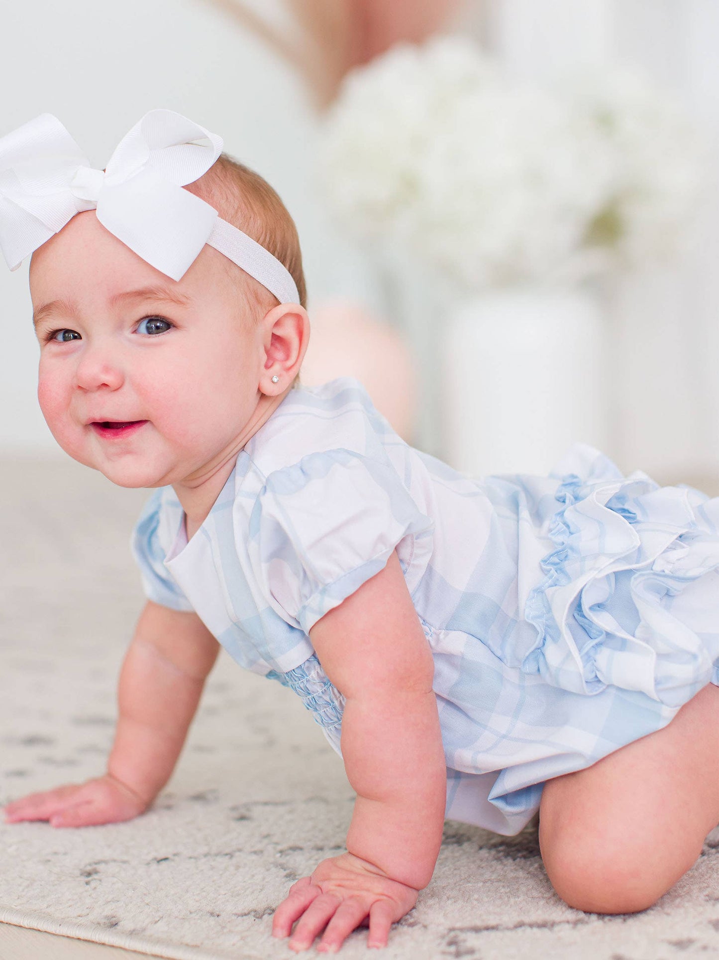 Baby Girls Light Blue Windowpane Check Smocked Puff Sleeve Bubble Romper