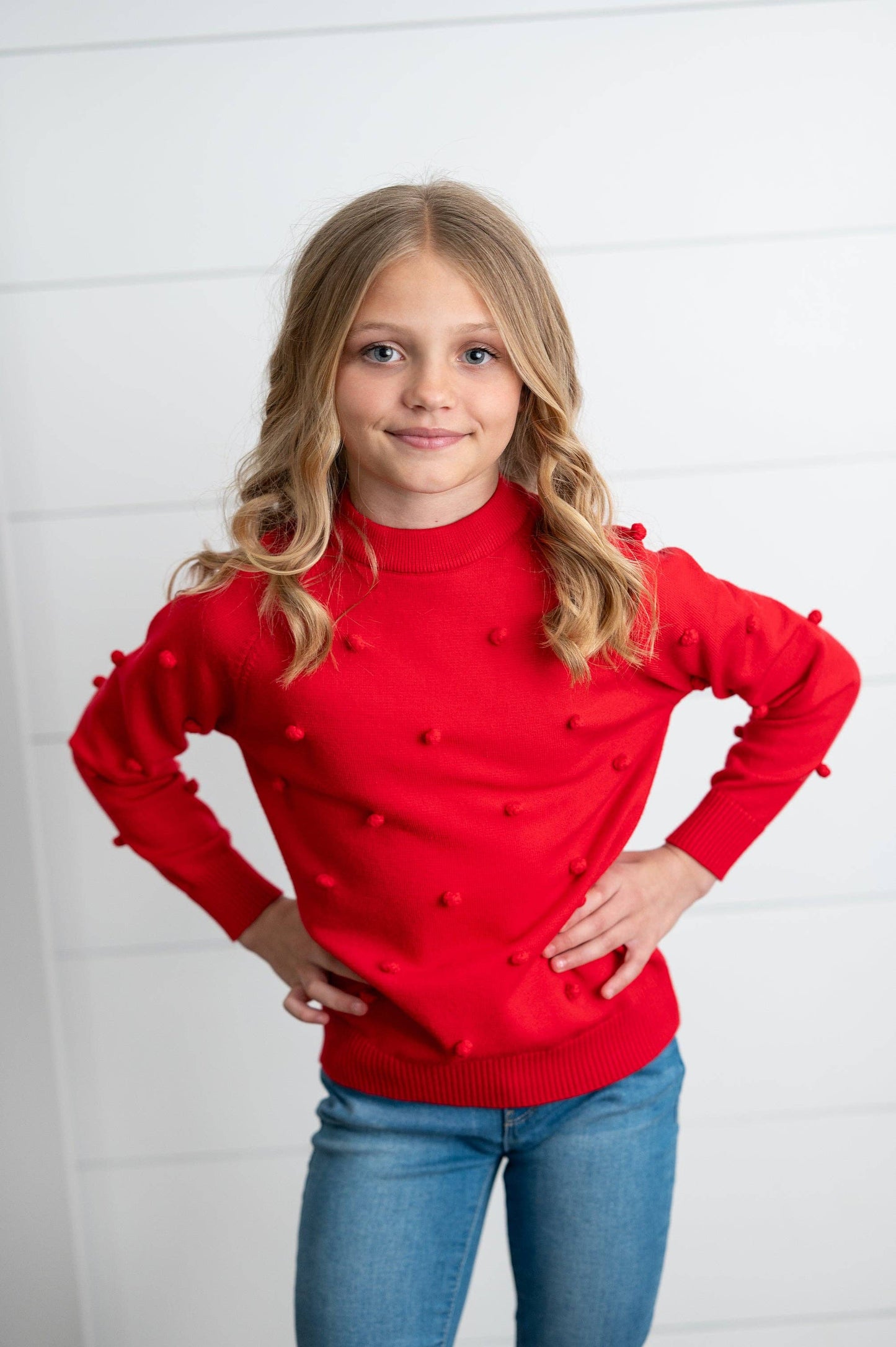 Kids Red Pom Pom Fall Winter Holiday Crew Neck Sweater