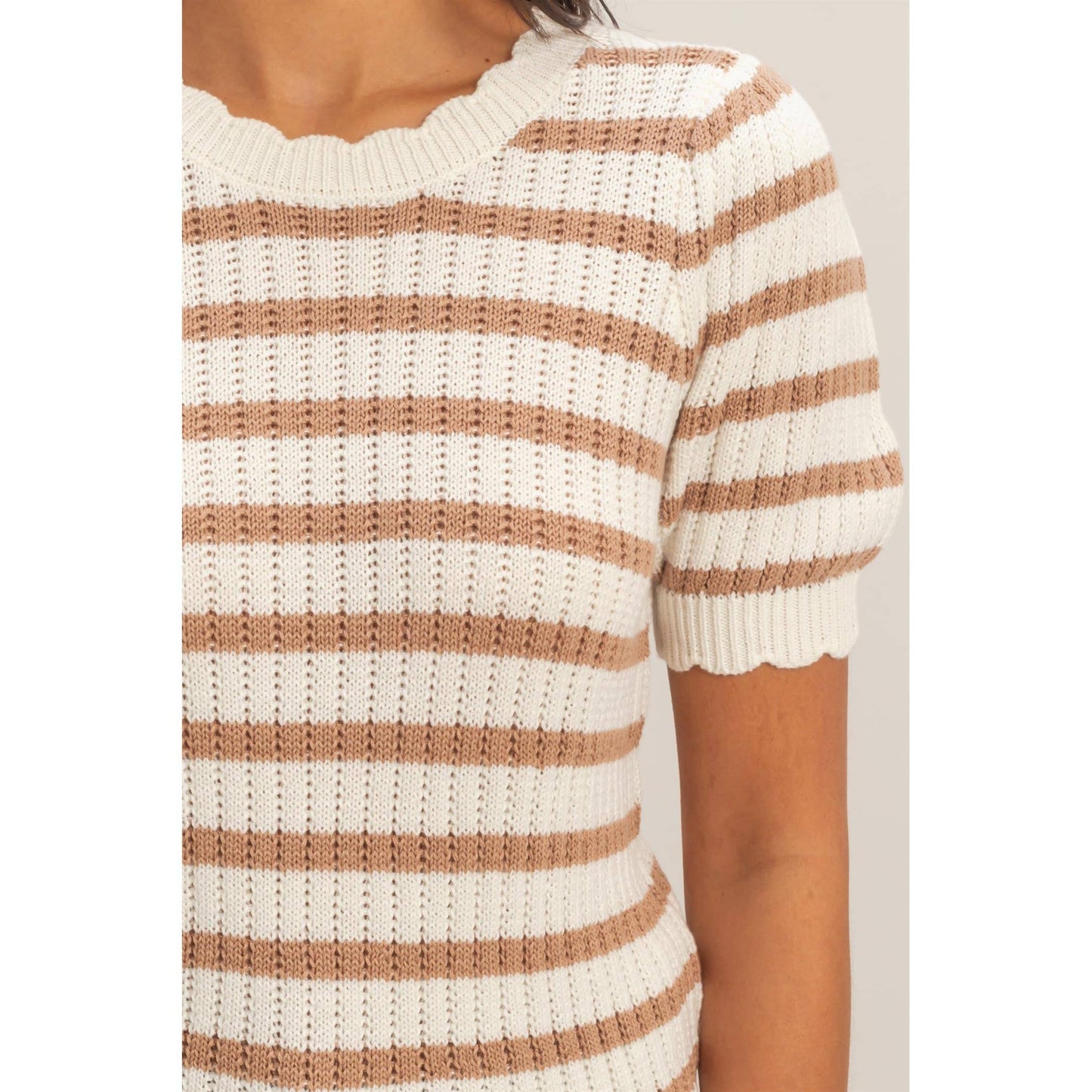 Striped Scallop Edge Puff Sleeve Knit Top