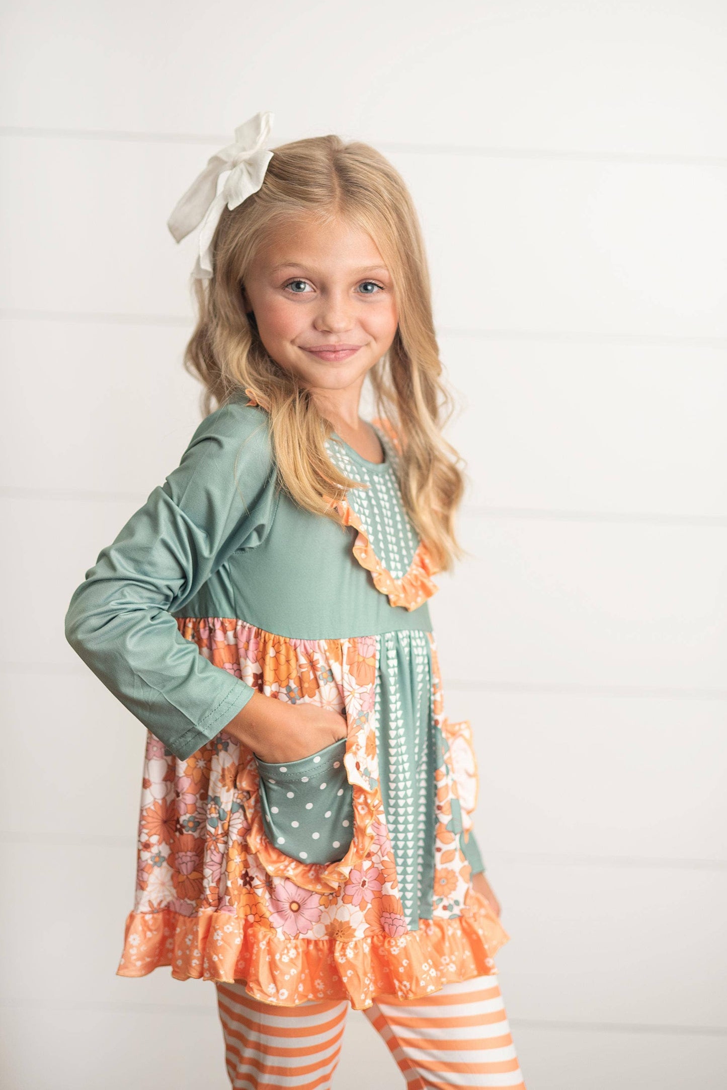 Kids Sage Floral Pocket Two Piece Bell Bottom Ruffle Set
