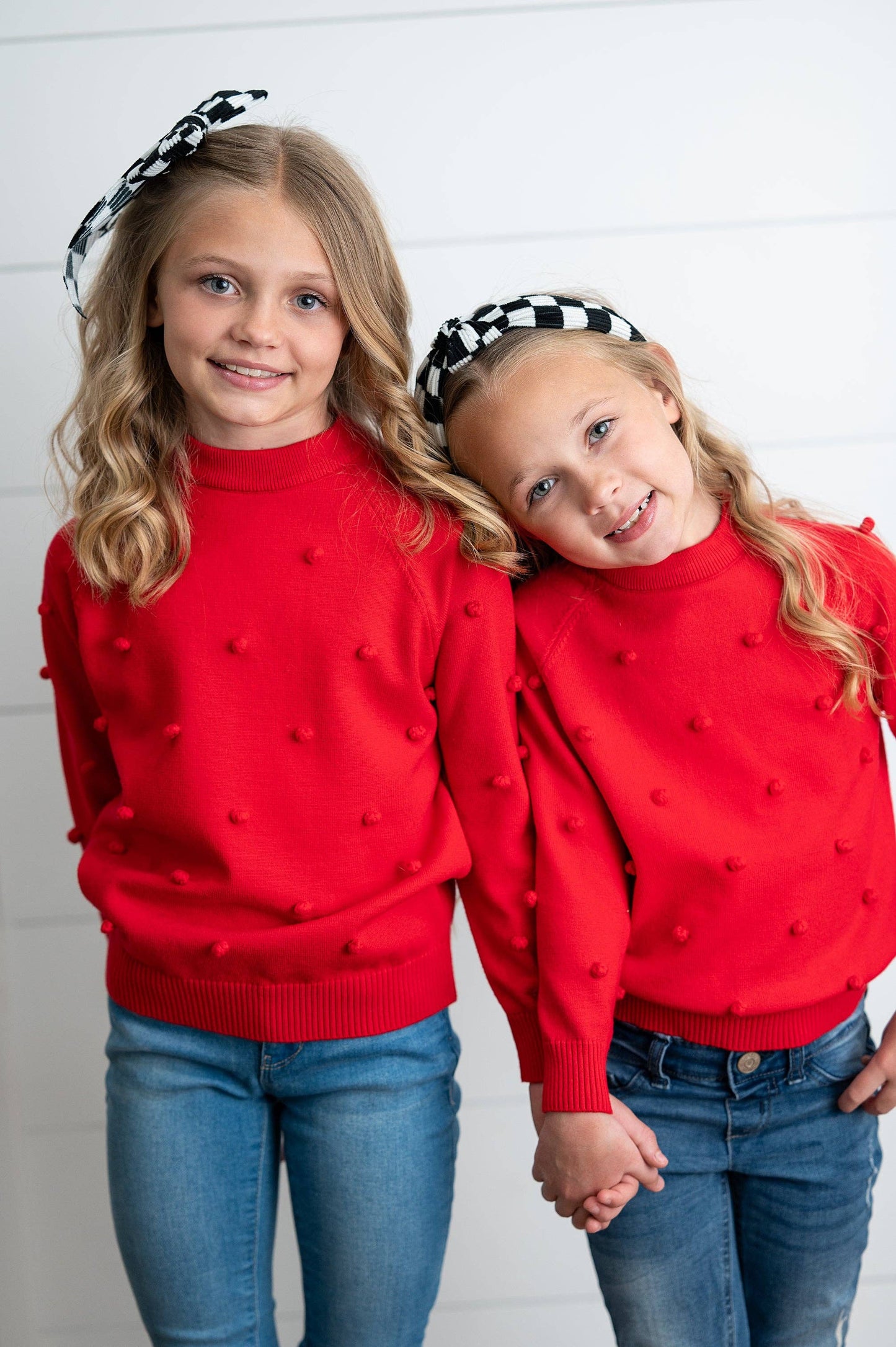 Kids Red Pom Pom Fall Winter Holiday Crew Neck Sweater