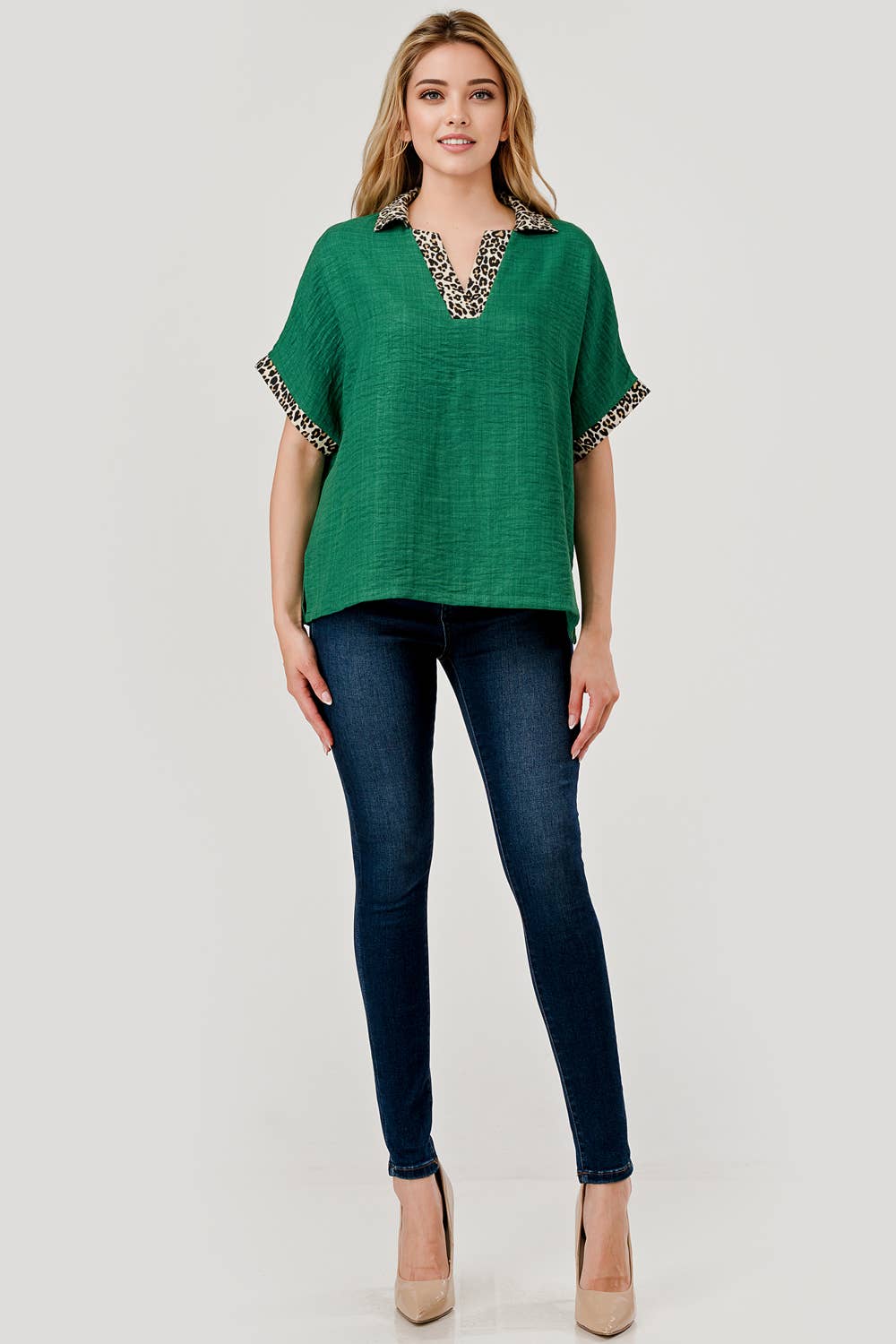 Danni Short Sleeve Leopard Print Color Block Top Green 9923