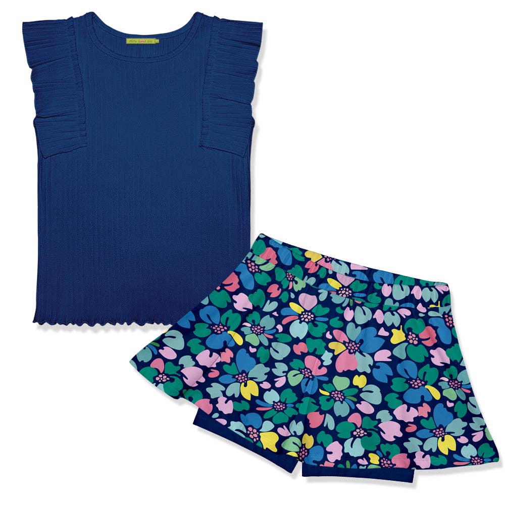Girls Navy Ribbed Sleeveless Top & Block Floral Skort