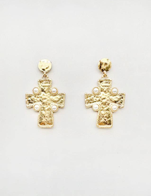 Worn Gold Hammered Cross with Pearl Accens 1.5" Earring