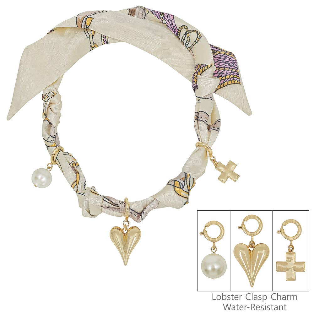 Cream/Natural Knotted Scarf Necklace with Puffy Heart,Open Cross, and Bow Charm, VERY POPULAR!