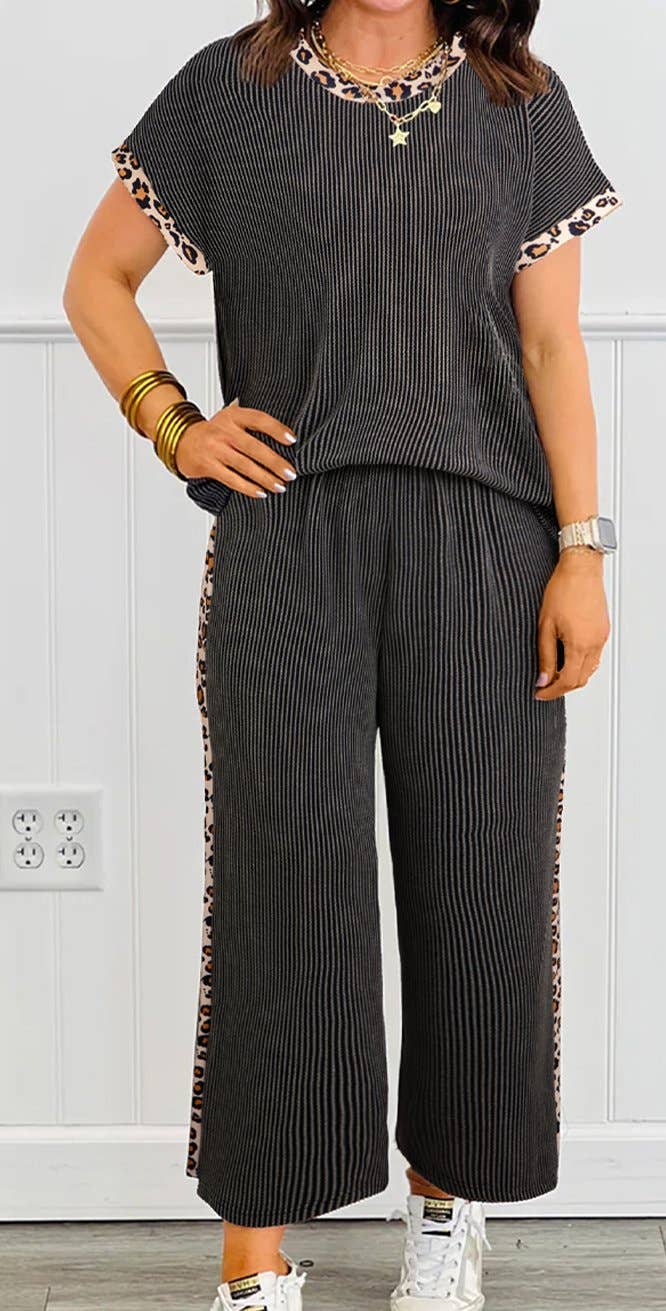 Leopard Patchwork Edge Twisted Rib T Shirt and Cropped Pants