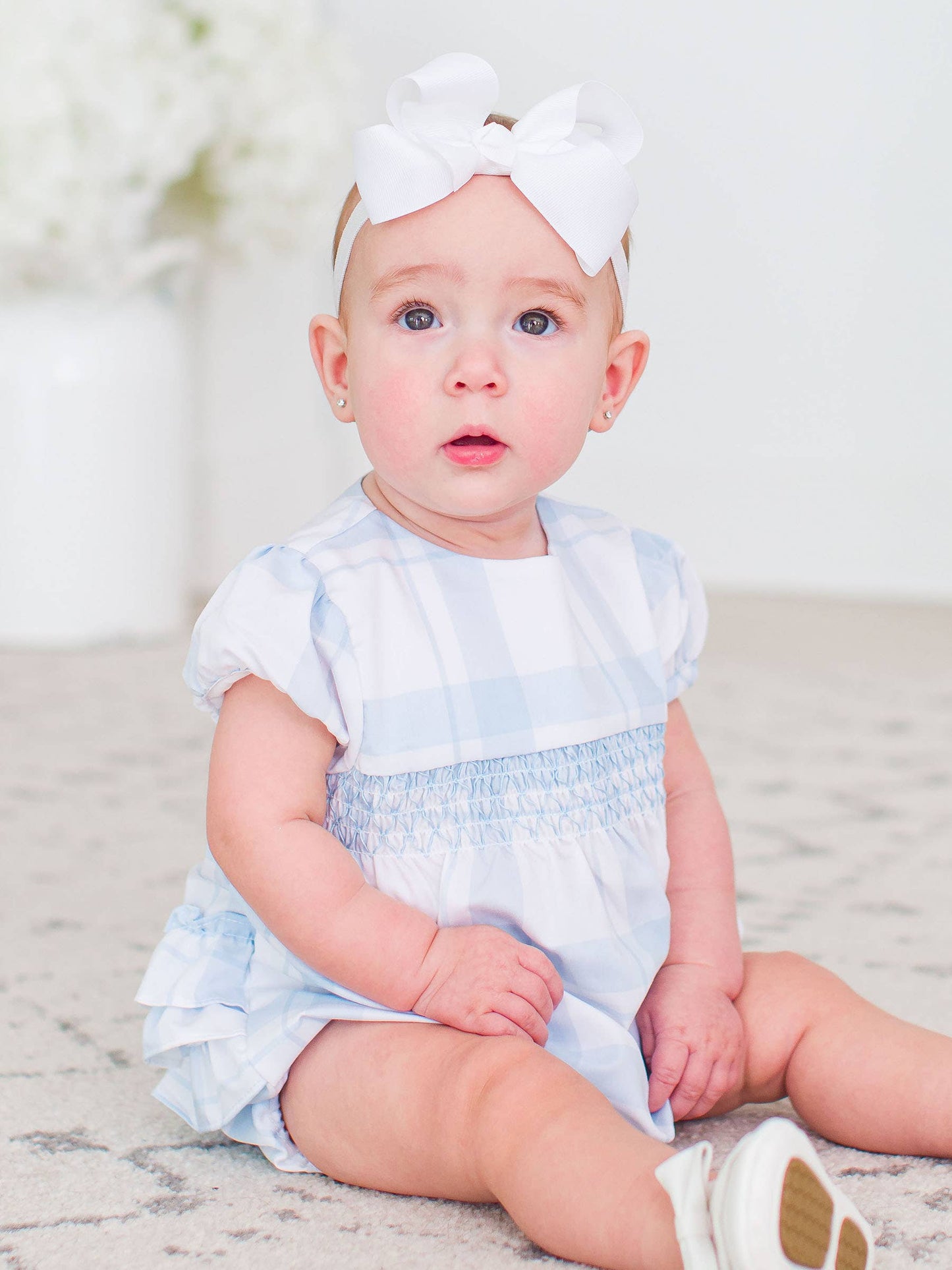 Baby Girls Light Blue Windowpane Check Smocked Puff Sleeve Bubble Romper