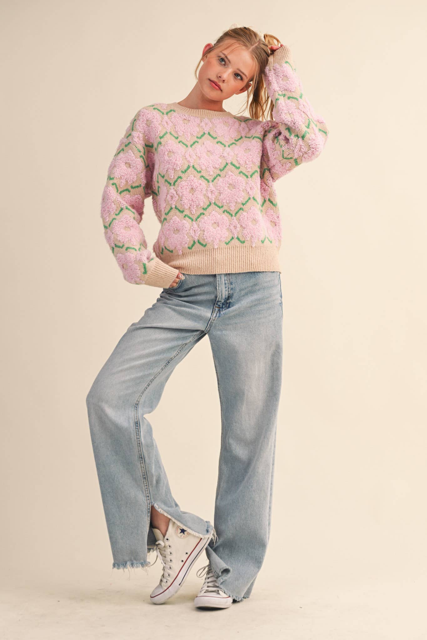 FUZZY TEXTURE FLORAL SWEATER MSW11198