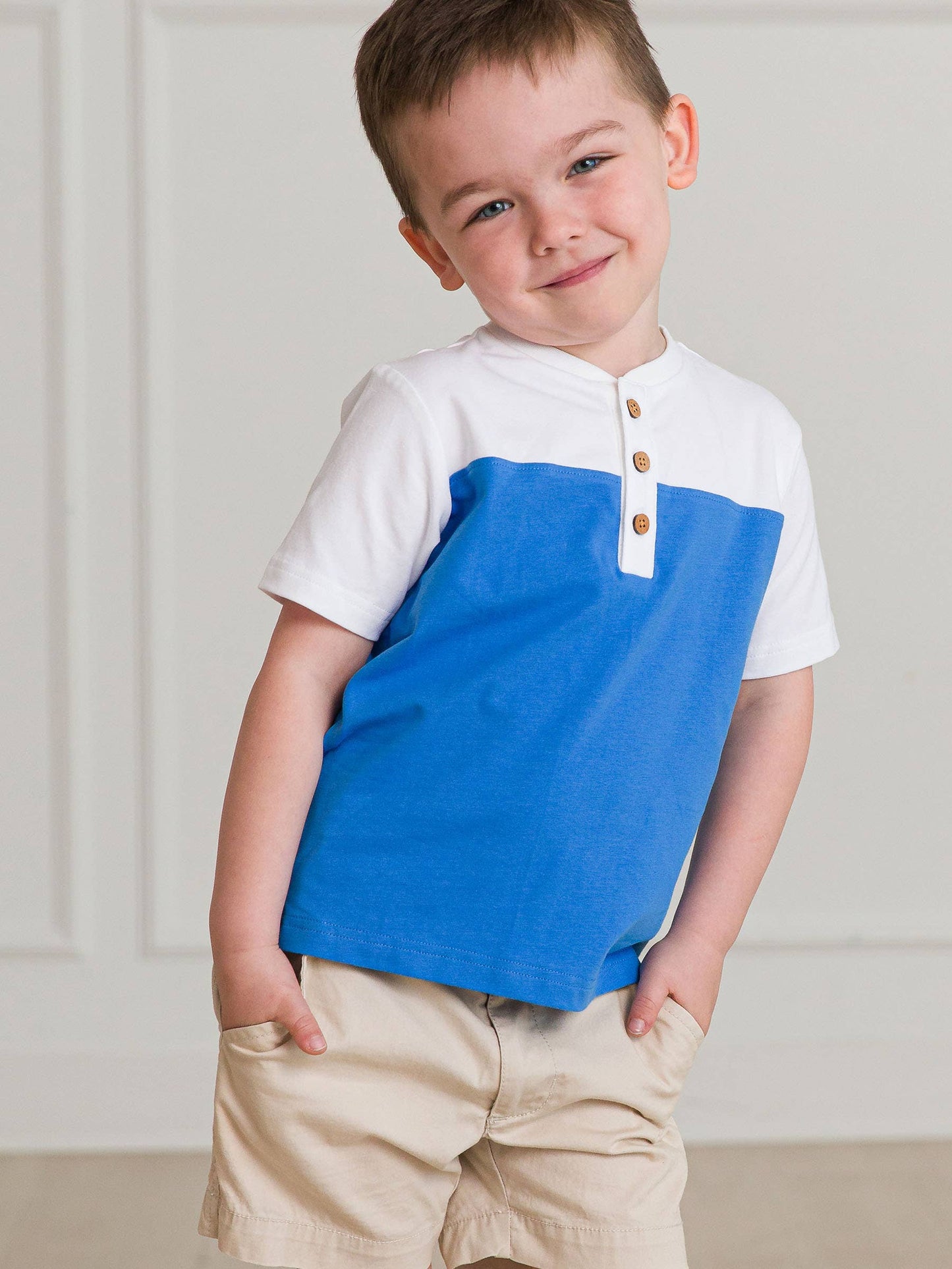 Boys White & Blue Color Block Short Sleeve Henley