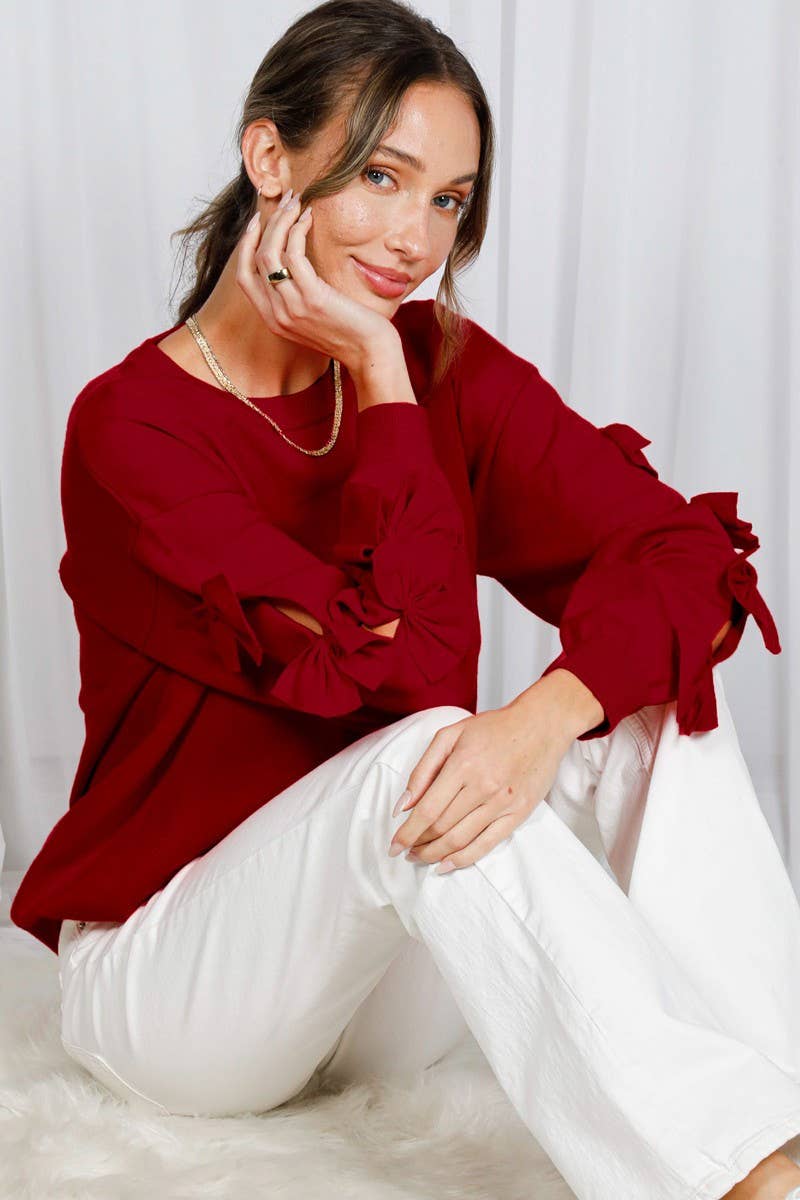 Bow Embellished Long-Sleeve Crew Neck Knit Sweater VT82605-