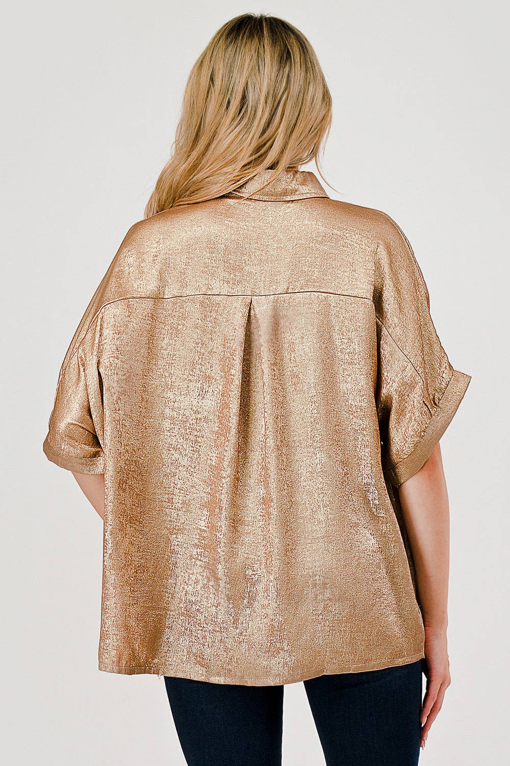 MBT 9922 Sonya Shimmer Metallic Foil Button Down Top Gold