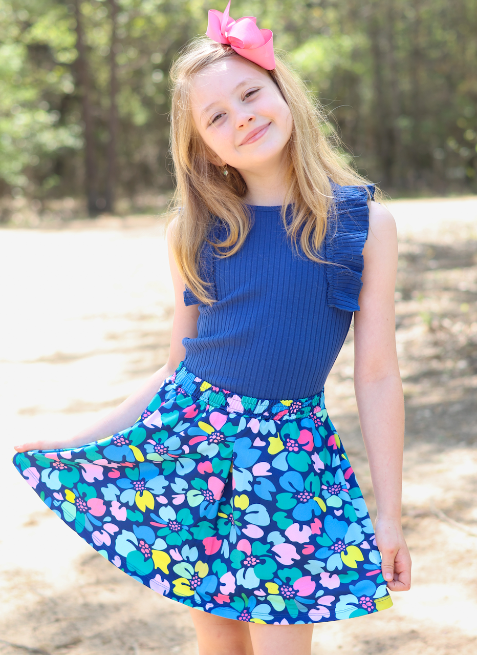 Girls Navy Ribbed Sleeveless Top & Block Floral Skort
