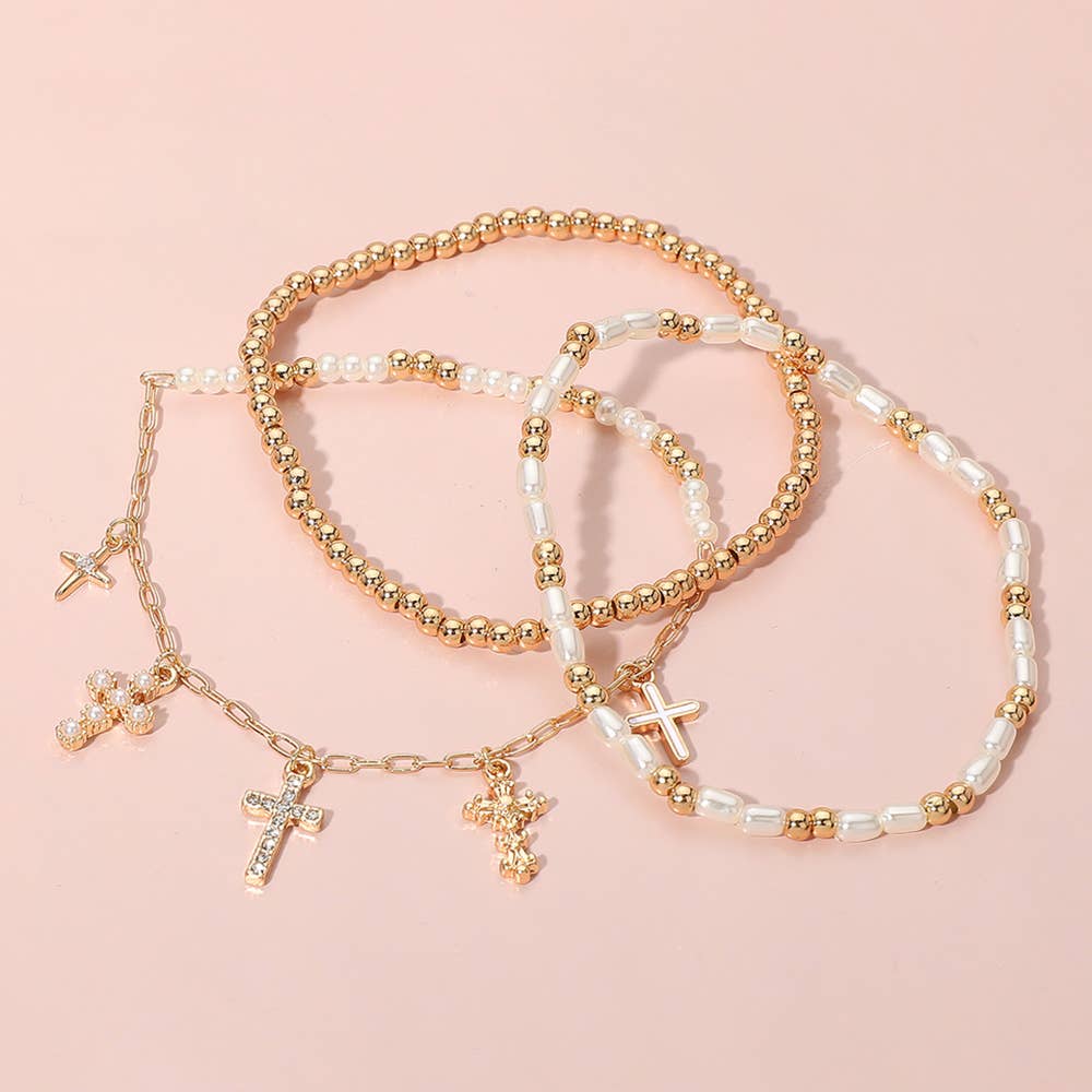 3PCS - Various Cross Charm Beaded Stretch Multi Bracelets