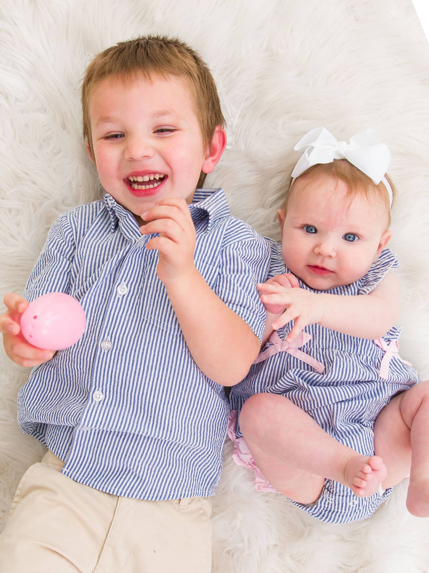Baby Girls Classic Blue Seersucker Classic Ruffle Bubble Romper