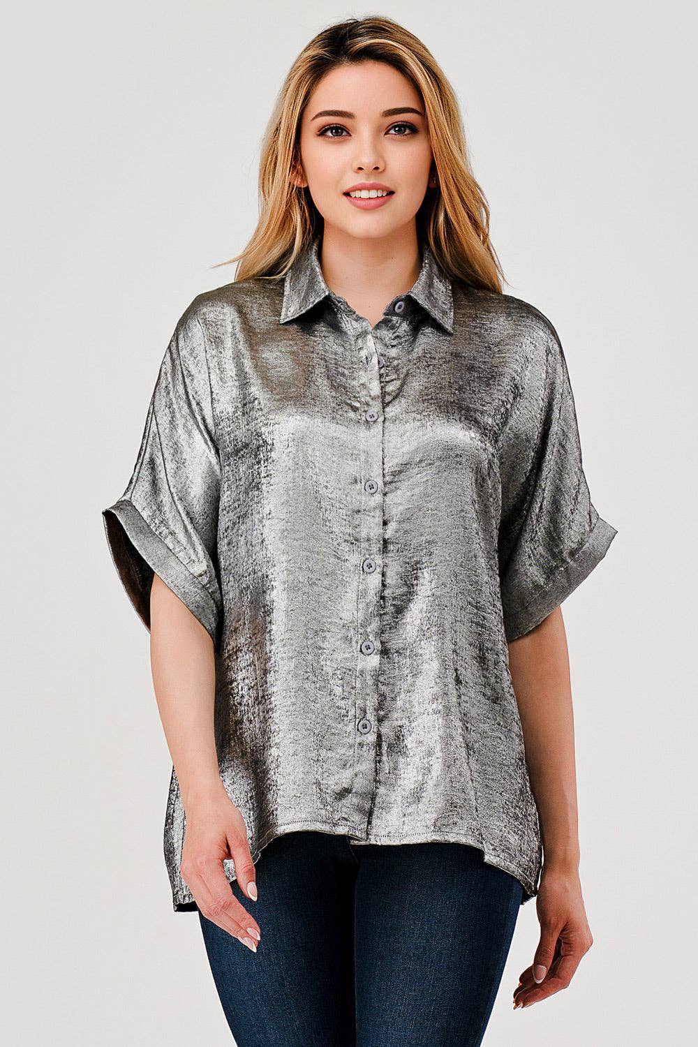 Sonya Shimmer Metallic Foil Button Down Top Pewter