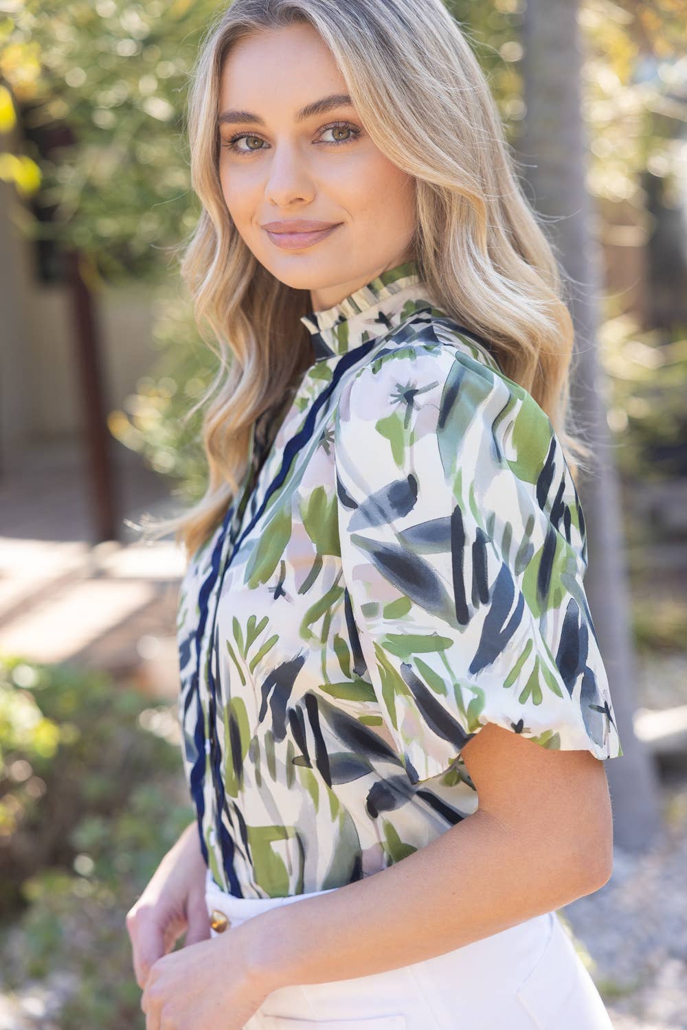 36025 Wavy Trim Button Down Print Top