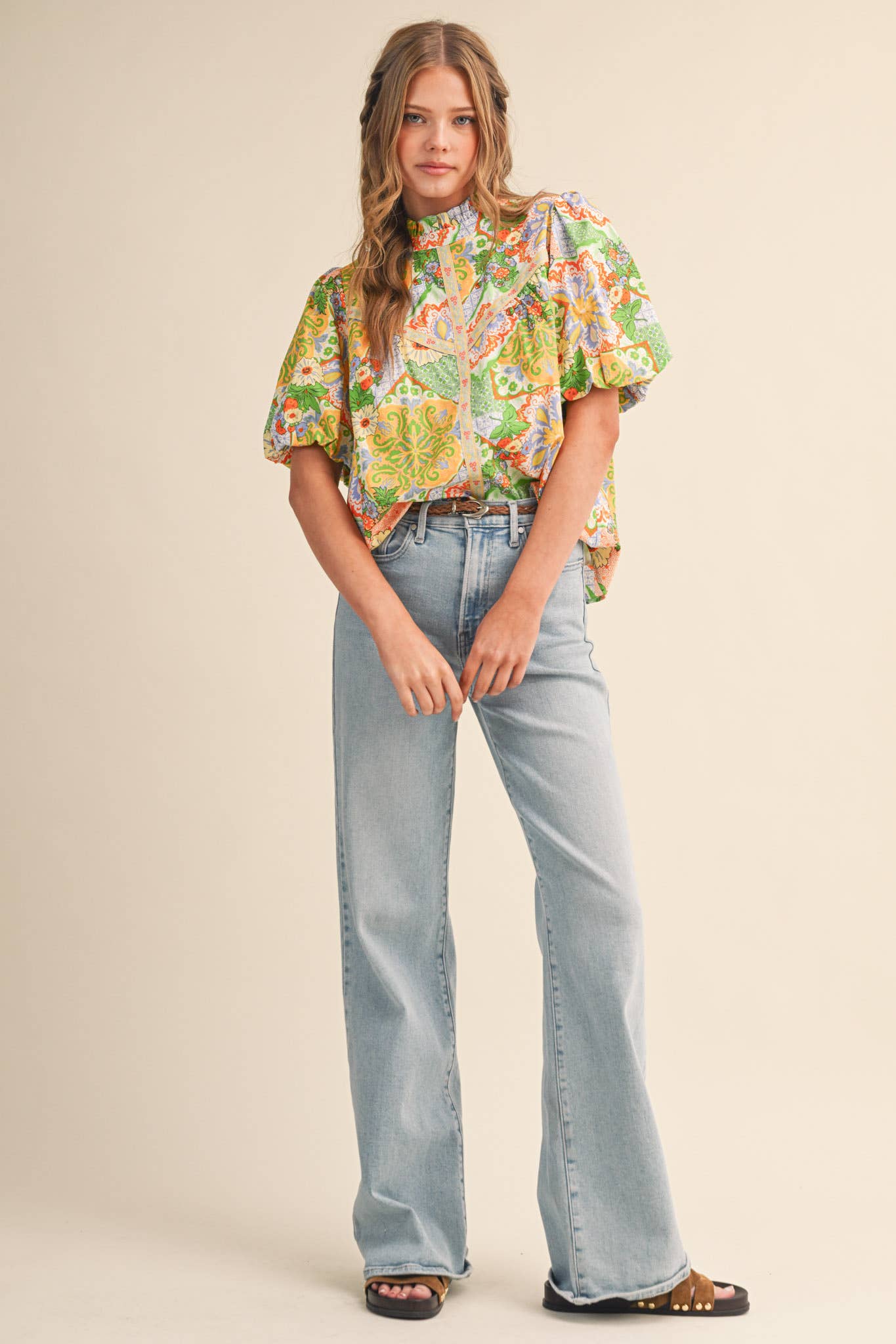 EXCLUSIVE FLORAL PRINT EMBROIDERY TRIM TOP MTP4610