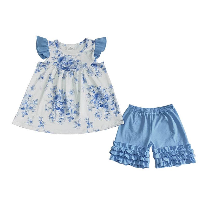 Baby Girls Blue floral pearl ruffle shorts sets