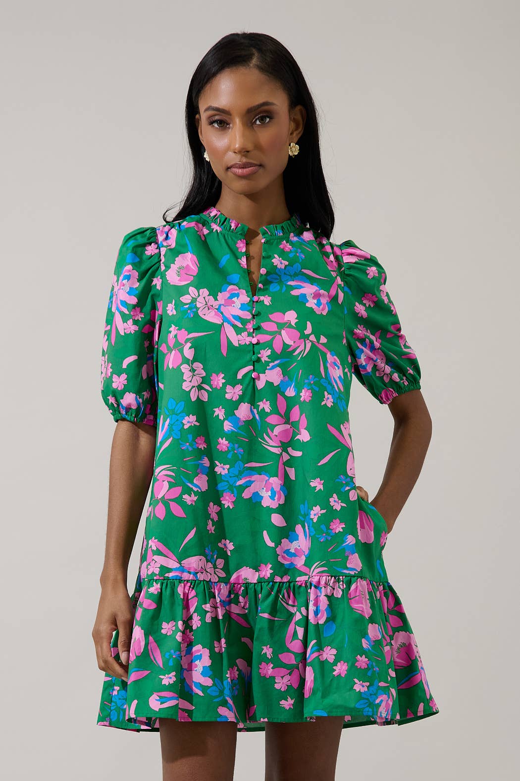 Denavi Floral Rully Shift Mini Dress